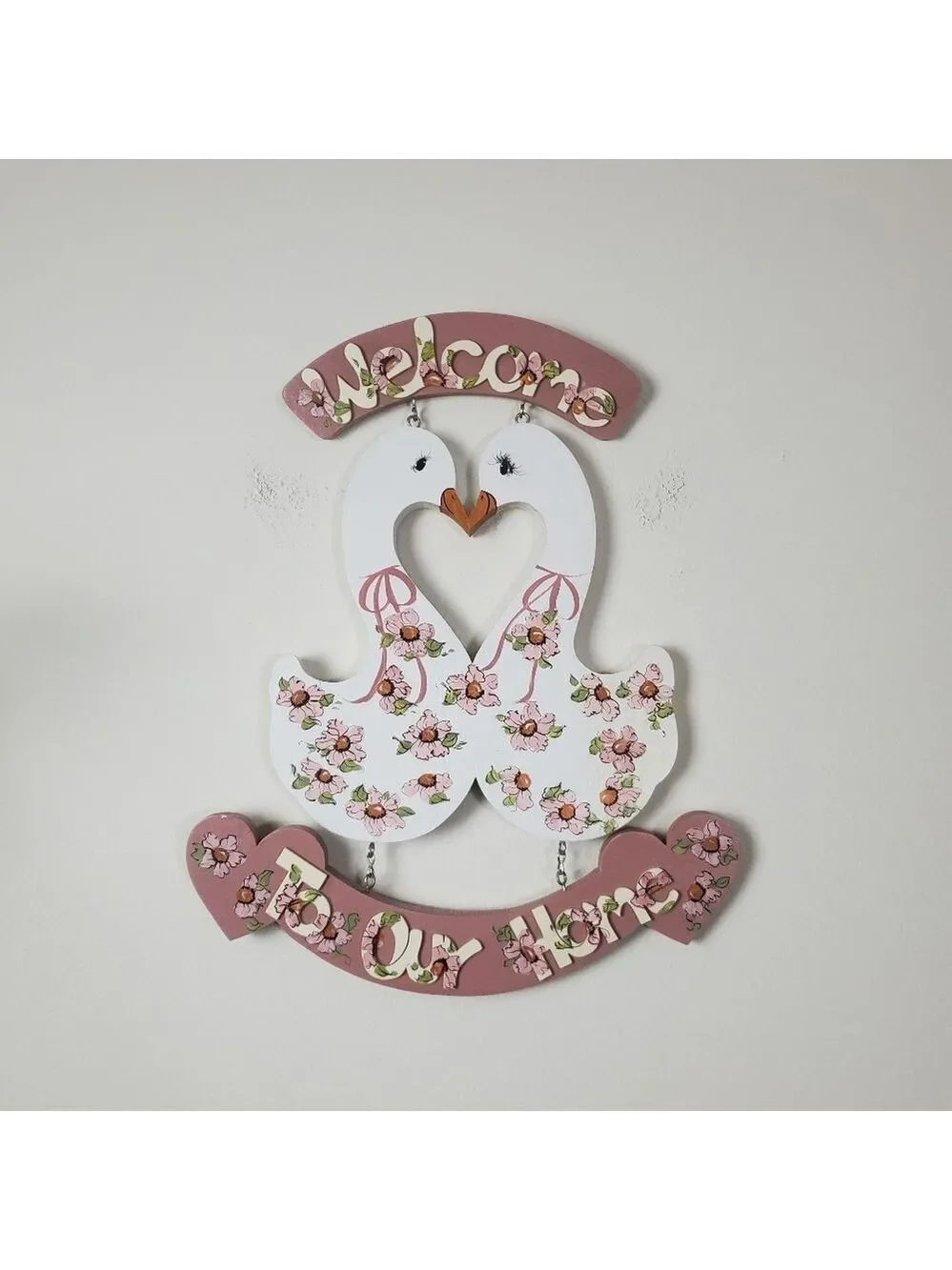 Floral Swan Wooden Wall Sign Pink Hues Hand Painted